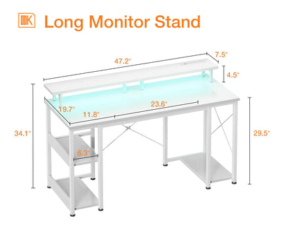 ODK 48 inch Gaming Desk with LED Lights & Power Outlets, Computer Desk with Monitor Stand & Storage Sheves, CPU Stand, Home Office Desk, White - WoodArtSupply