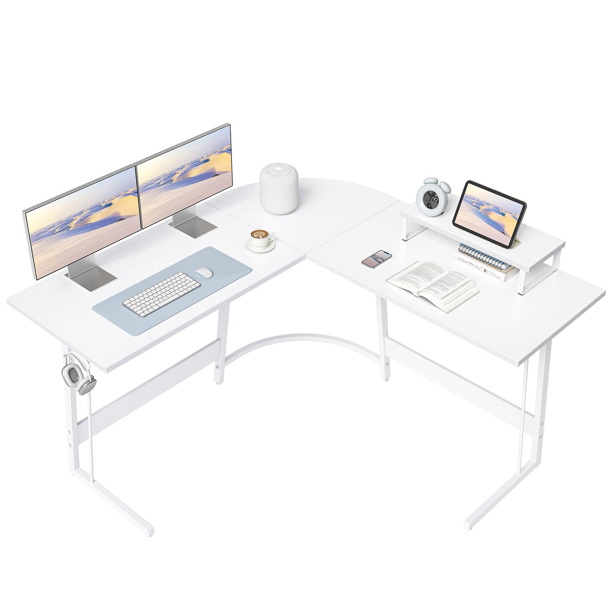 Cubiker L Shaped Desk, Computer Corner Desk, Gaming Desk with Monitor Stand, Home Office Study Writing Workstation, Space-Saving（47 Inch White） Cubiker