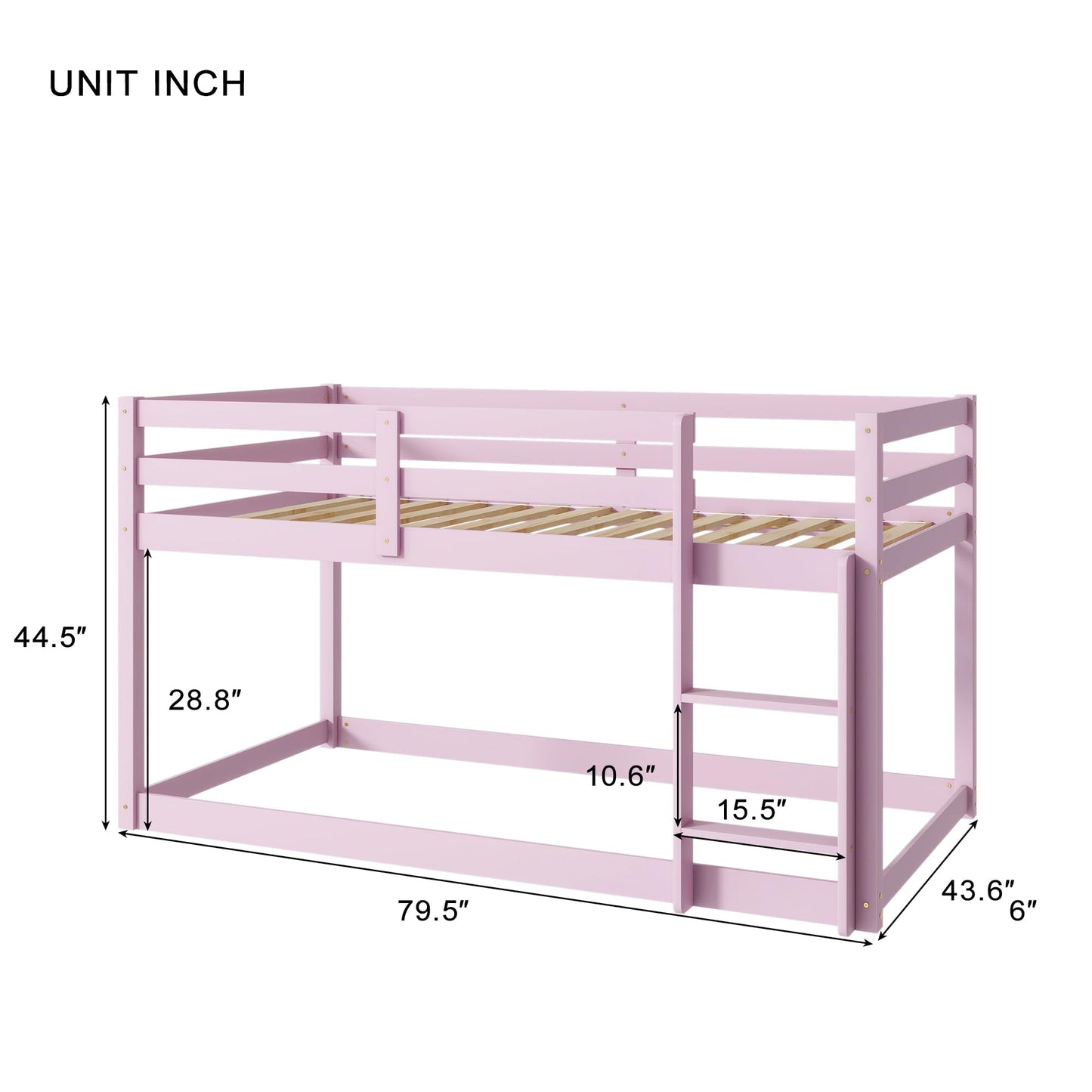 Twin Over Twin Bunk Bed with Full Guardrails and Ladder,Low Bunkbed Fram w/Safety Guard Rails for Teens Adults No Box Spring Need (Pink)