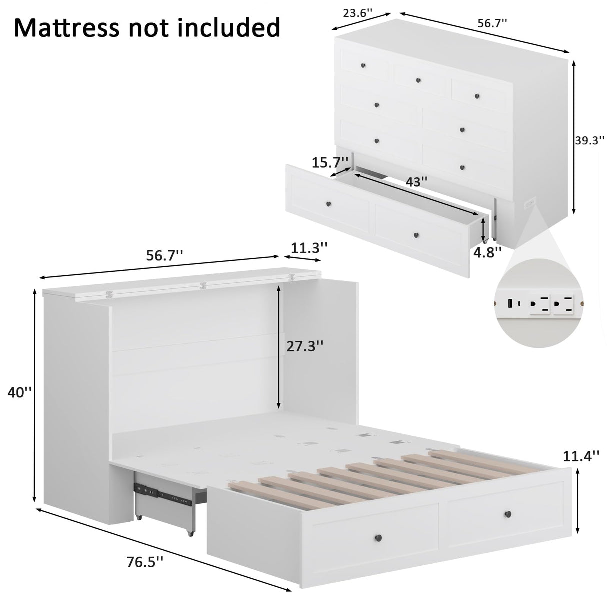 LIVAUVEAD Full Size Murphy Bed with Charging Station & Drawer, Full Size Mobile Cabinet Bed Frame, Murphy Chest Bed for Bedroom, Guest Room LIVAUVEAD