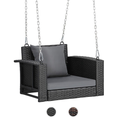 VINGLI 2.2 FT 1-Person Use Rattan Porch Swing Outdoor Support 440 LBS with Cushions & Adjustable Chains, Patio Wicker Swing Bench Chair for Garden, Yard, Lawn, Tree, Black - WoodArtSupply