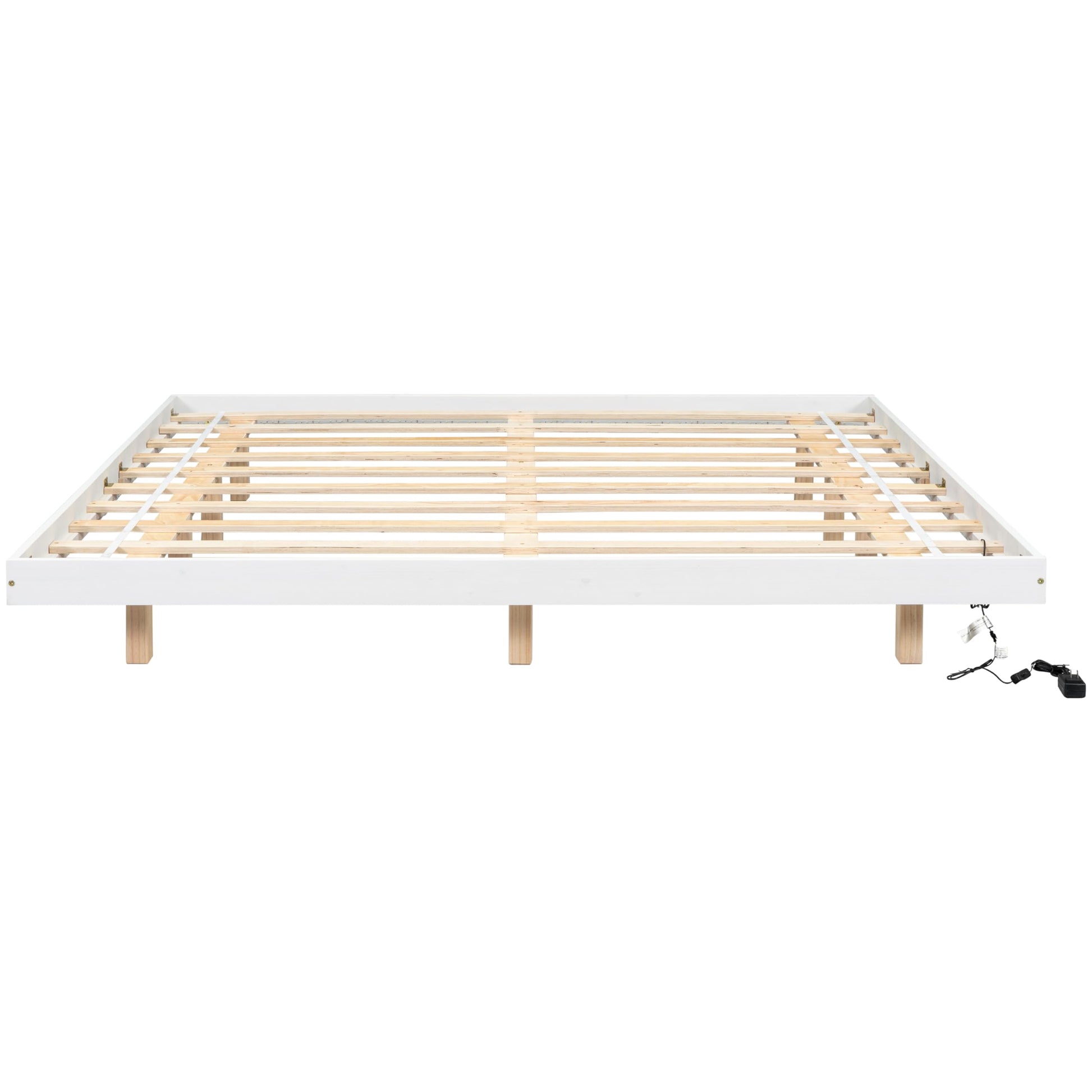 King Size Modern Floating Bed with LED Lights and Slats Support in White - WoodArtSupply