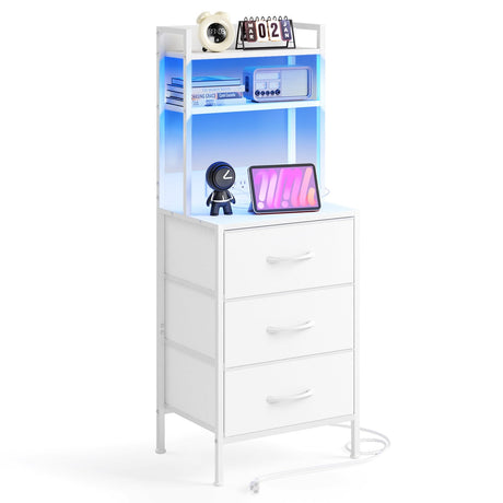 Fixwal Tall Nightstand with Charging Station, 41 Inch Led Night Stand with U-S-B Port & Socket, 3 PU Finished Fabric Storage Drawers, Office, Bed Side Table & Bookshelf in One, White Fixwal