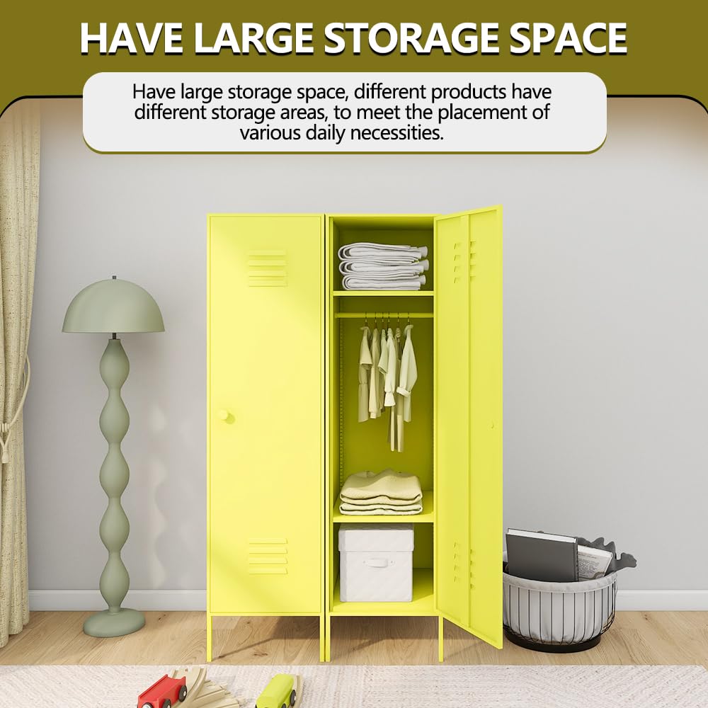 DAYTOYS Metal Srorsge Cabinet for Kids Bedroom, School Classroom,Office, Home-Kids Lockers Cabinet with 2 Shelves and Hanging Rod-Stackable Steel Storage Cabinet for Home (Yellow) - WoodArtSupply