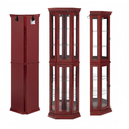 SUNLIFER Curio Cabinets with Glass Doors: Lighted Corner Display Curio Cabinet with Adjustable Shelves | Tall Wood China Cabinet - Bar and Liquor Storage Area for Living Room - Cherry - WoodArtSupply