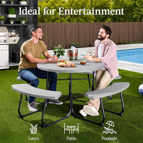 Best Choice Products 8-Person Outdoor Bench Patio Picnic Table, Circular w/ 4 Built-in Benches and Umbrella Hole, 2000lb Capacity - Light Gray Best Choice Products