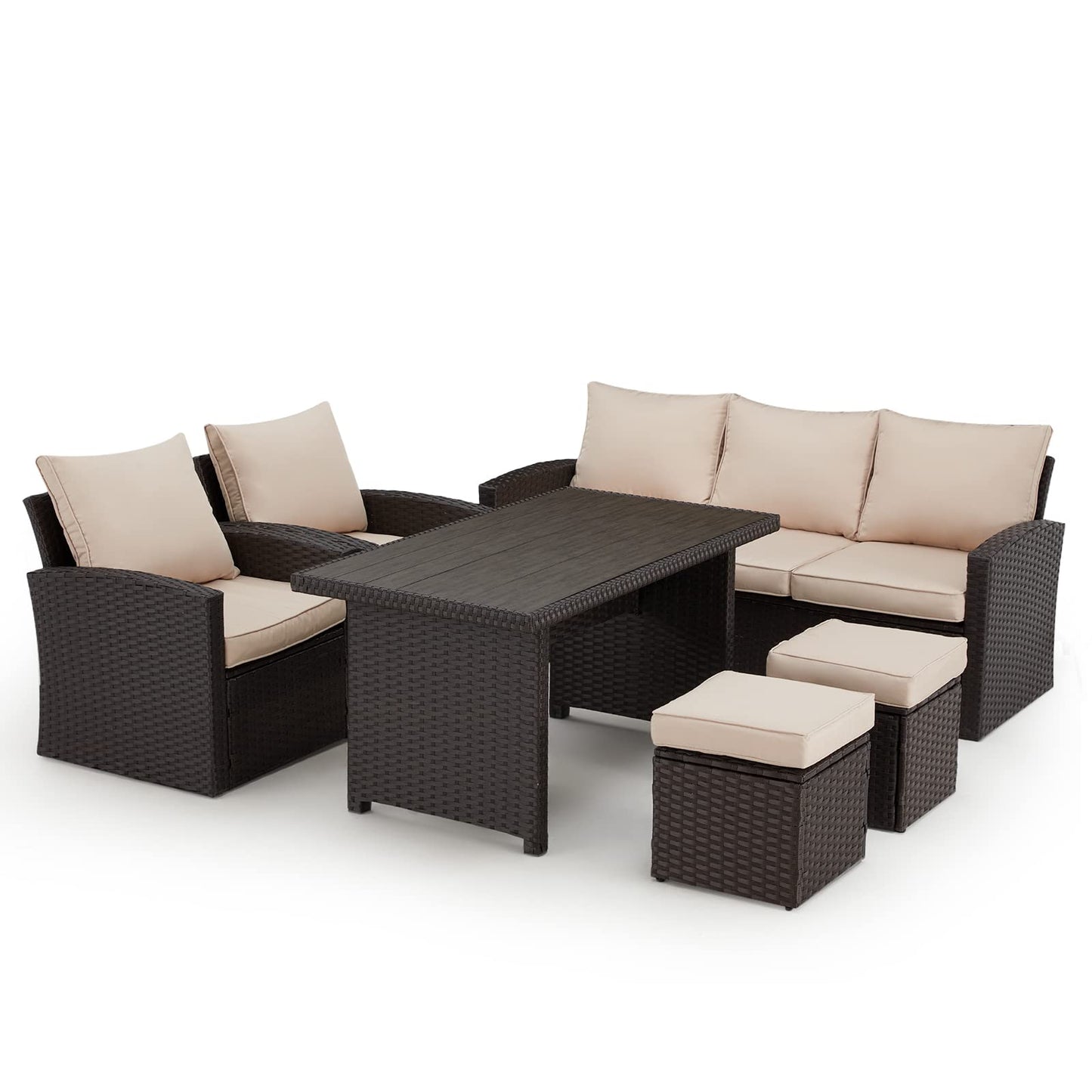 HOMREST 6 Pieces Patio Furniture Sets Clearance, Patio Dining Sofa Set Outdoor Sectional Sofa Conversation Set All Weather Wicker Rattan Couch Dining Table & Chair (Beige) - WoodArtSupply