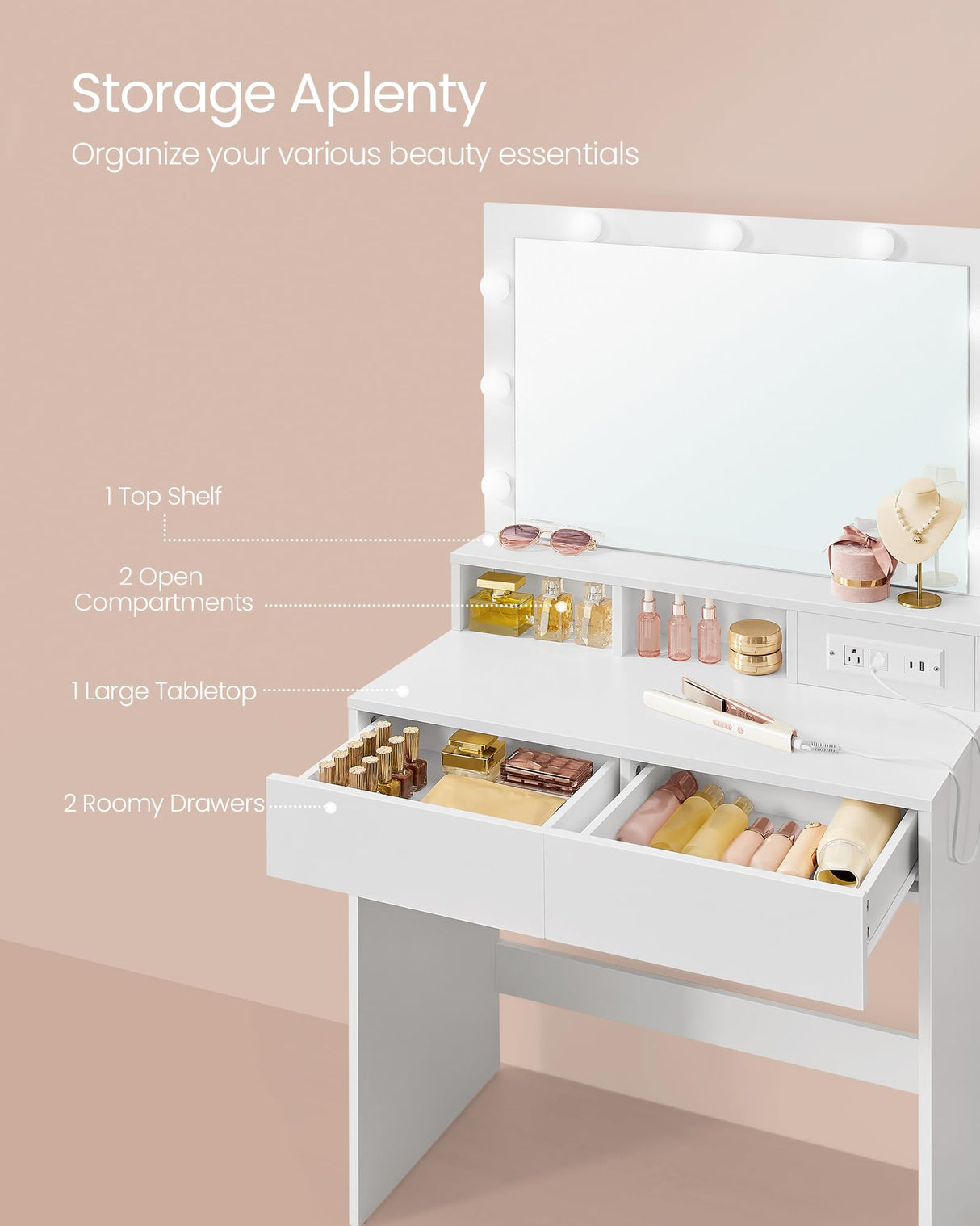 VASAGLE Vanity Desk with Power Outlets, Makeup Vanity with Mirror and Lights, with Upholstered Vanity Stool, 9 Dimmable LED Lights, 2 Compartments, 2 Drawers, for Bedroom, Cloud White URDT029W01 VASAGLE