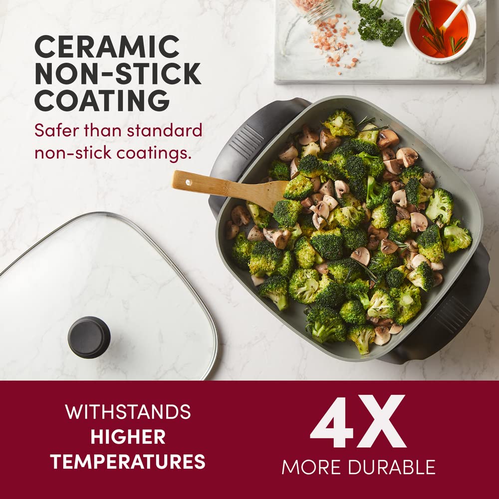 Elite Gourmet EG2212 12"x12"x2.15” Ceralast™ PFAS Free Ceramic Electric Skillet, Dishwasher Safe, Rapid Heat Up, 1200W, Dark Grey Elite Gourmet
