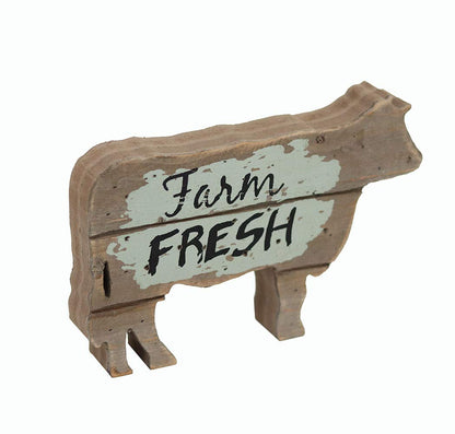 PARISLOFT Farm Fresh Wood Cow Shaped Sign Tabletop Decor, Carved Cow Statue Home Decor, Animal Sculpture Decorations