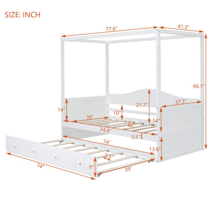 Bellemave Twin Size Canopy Daybed with Trundle,Wood Canopy Bed Frame,4 Poster Bed for Kids,Teens, Adults,Space Saving,White