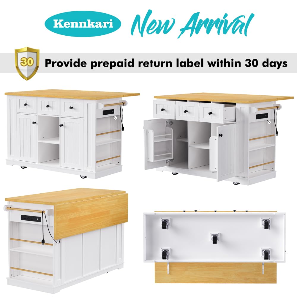 Kennkari Rolling Kitchen Island on Wheels with Drop Leaf, Wide Moblie Kitchen Island with Storage Cabinets and Power Outlet, Large Island Table with Towel Rack and Spice Rack (White) Kennkari