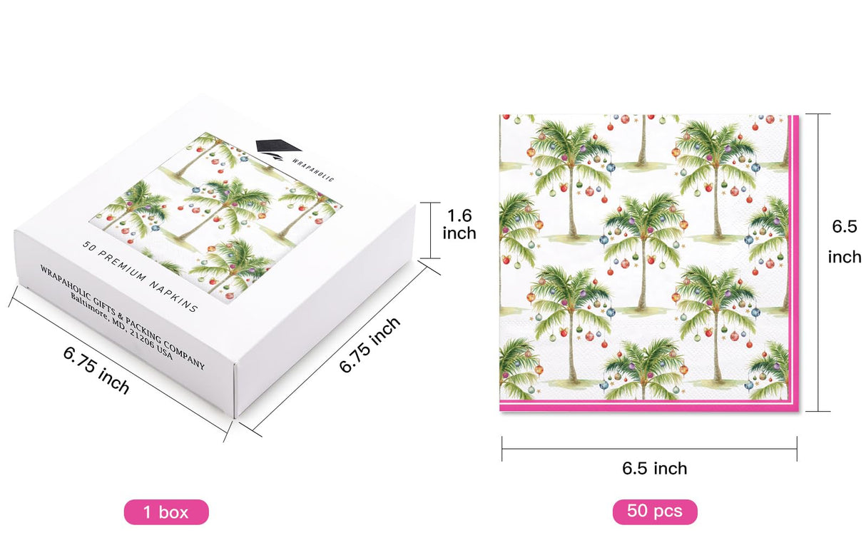 WRAPAHOLIC 50Pcs Christmas Paper Napkins - Tropical Ornament 3-Ply Disposable Luncheon Napkin for Christmas Party Supplies Tableware, Xmas Holiday - 6. 5 x 6.5 In WRAPAHOLIC