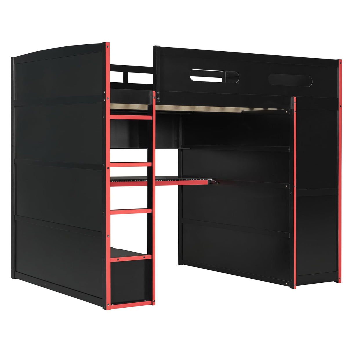CKLMMC Full Size Gamer Loft Bed with Built-in Desk, RGB Lighting, USB Port & Storage, Gaming Bed with Wardrobe, Drawers for Kids, Teens, Adults (Red/G) CKLMMC