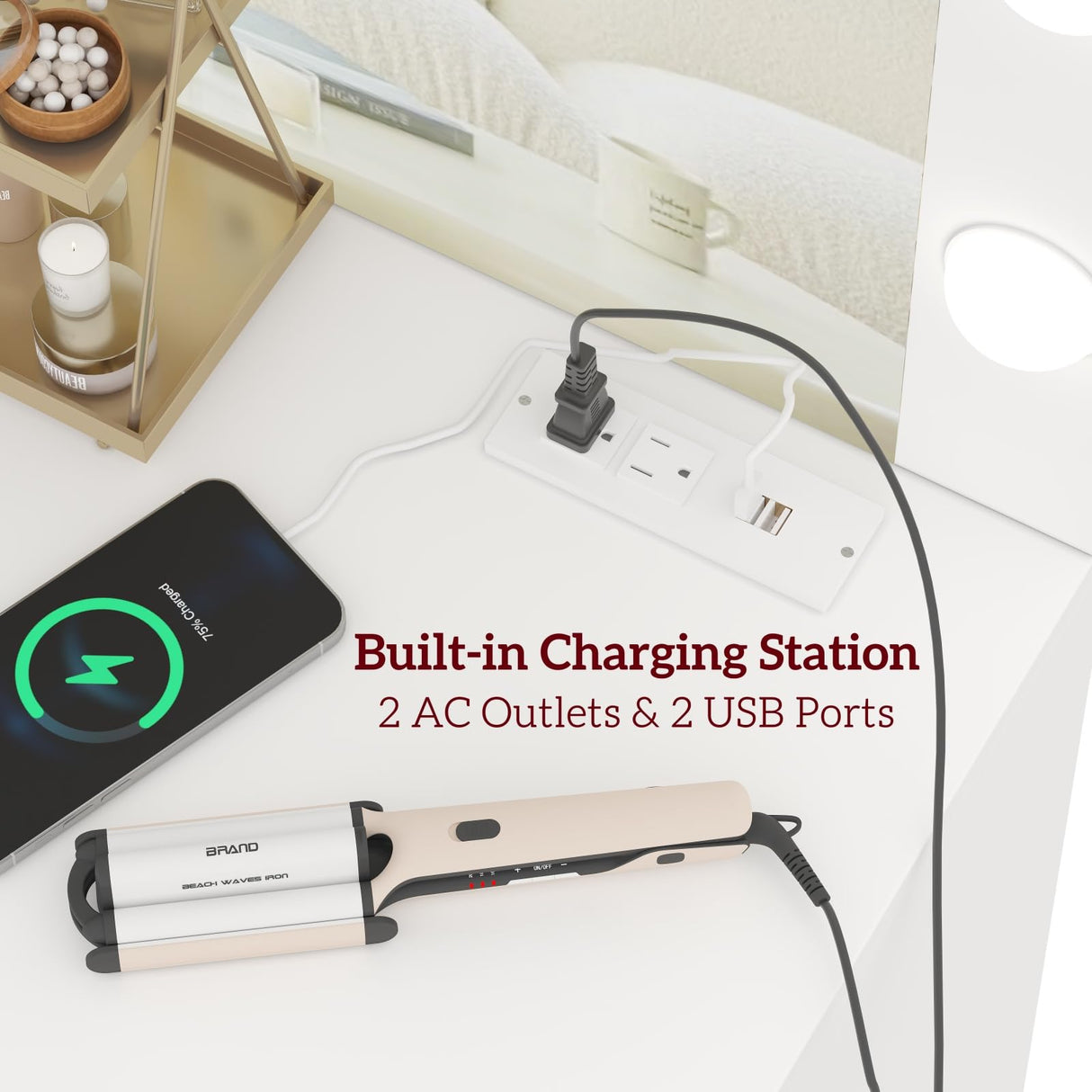 Irontar Vanity Desk with Charging Station, Makeup Table with Large Mirror, Makeup Vanity with Lights, Brightness Adjustable, Dressing Table Desk with 5 Drawers, Bedroom Vanity Table, White WDT010W Irontar