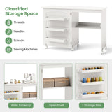COSTWAY Folding Sewing Table, Multipurpose Craft Station Desk, Display Cabinet with Shelves Storage, Lockable Wheels, Rolling Sewing Machine Desk for Home Apartment, White COSTWAY