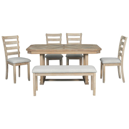 LUMISOL 6 Piece Solid Wood Kitchen Dining Room Table Set with Bench and Chairs, Farmhouse Rustic Dining Table Set with Recantgle Table with Wood Grane and Upholstered Seating, PitchNatural Wo - WoodArtSupply