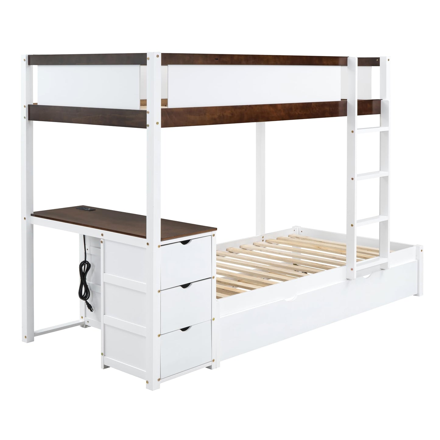 Harper & Bright Designs Twin Over Twin Bunk Bed Twin Size Trundle, Wood Twin Bunk Bed with USB Ports, Storage and Desk, White+Walnut