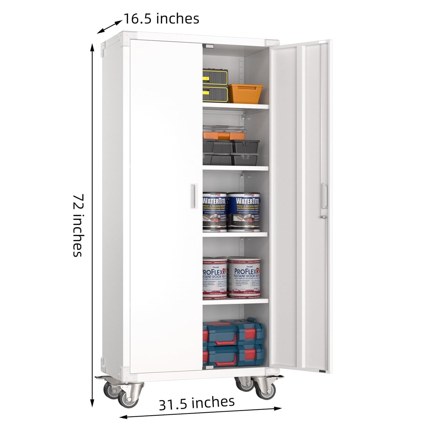 METALYEYE 72" H Metal Garage Cabinet with Wheels,Heavy Duty Office Storage Cabinet with Lock,Steel Cabinet with 2 Doors and 4 Adjustable Shelves for Office Home School Storage,Required-Assembly White