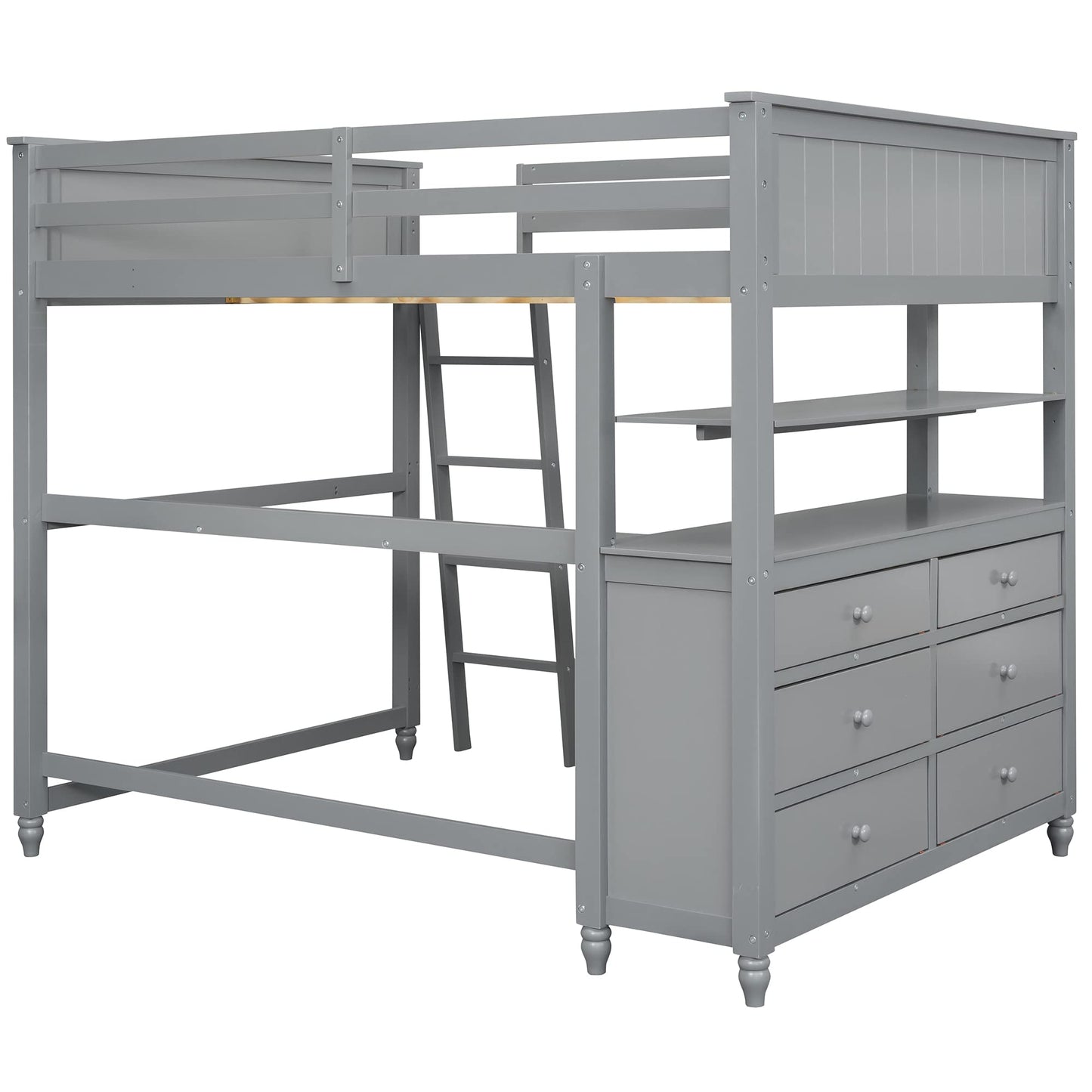 Harper & Bright Designs Grey Full Size Loft Bed with Desk, Storage Drawers, and Shelves for Kids and Teens