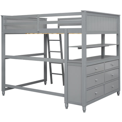 Harper & Bright Designs Grey Full Size Loft Bed with Desk, Storage Drawers, and Shelves for Kids and Teens