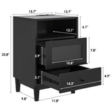 Saudism Black Nightstand with Charging Station, End Table with Glass Drawers, Night Stand with LED Lights, Wood Bedside Tables for Bedroom, 15.7”×13.7”×23.8” Saudism