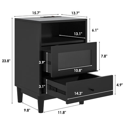 Saudism Black Nightstand with Charging Station, End Table with Glass Drawers, Night Stand with LED Lights, Wood Bedside Tables for Bedroom, 15.7”×13.7”×23.8” - WoodArtSupply