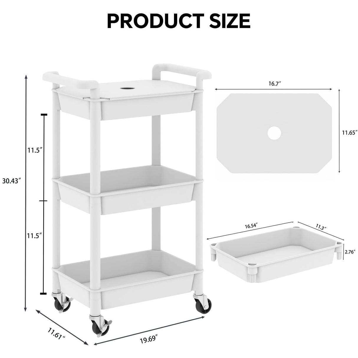 Steehoom 3-Tier Utility Rolling Cart with Cover Top Board, Mobile Utility Cart with Lockable Casters Multi-Functional Storage Trolley for Office, Bathroom, Kitchen, Garden, Laundry Room (White) Steehoom