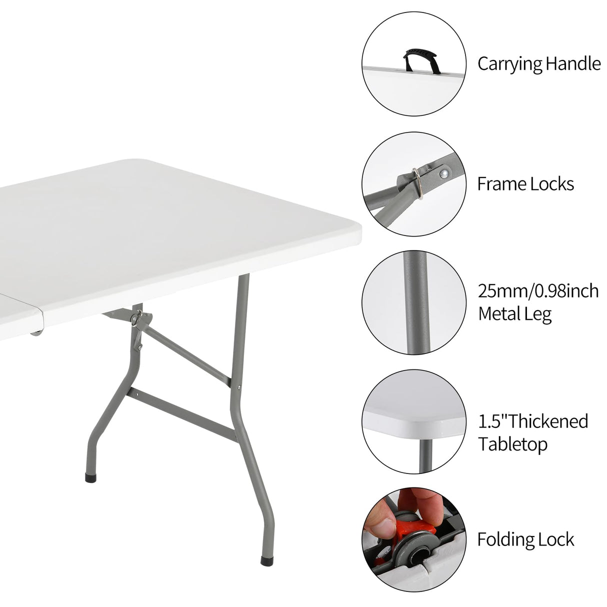 WGCTEK 6ft Plastic Folding Table, Lightweight Outdoor Foldable Table for Party, Hiking, Patio, Banquet, Wedding, Camping with Easy Carrying Handle - White WGCTEK