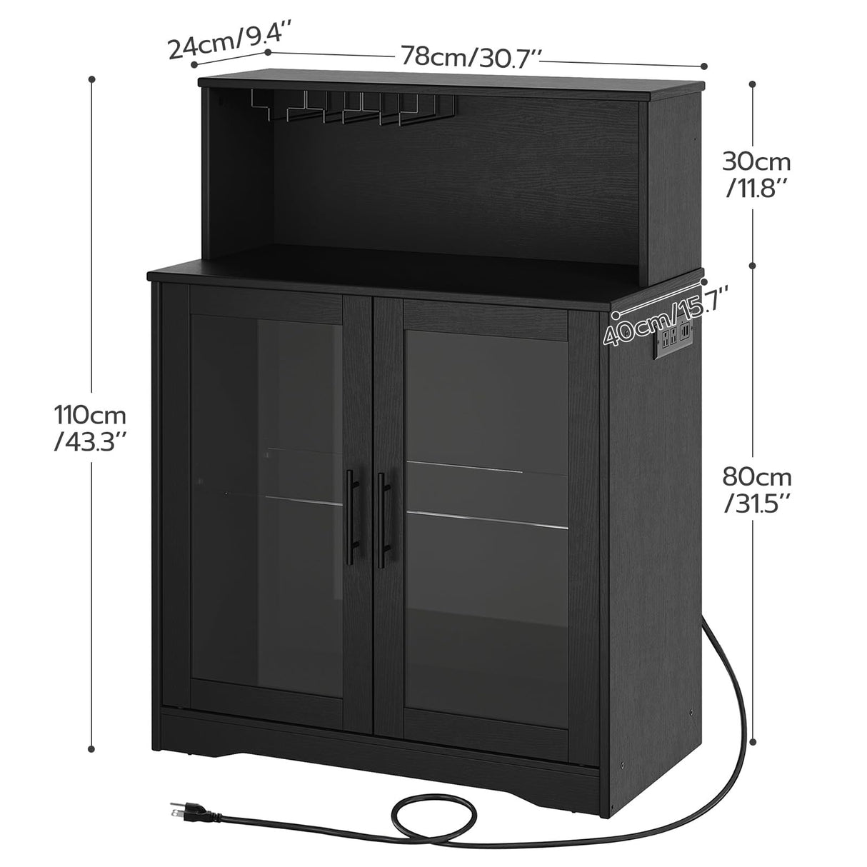 HOOBRO Wine Bar Cabinet with Storage, LED Liquor Cabinet with Power Outlets, Coffee Bar Cabinet for Liquor and Glasses, Glass Cabinet Doors, for Bar, Dining Room, Kitchen, Black BK78UDJG01 HOOBRO