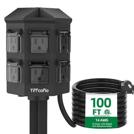 TiFFCOFiO Outdoor Power Strip with Stake, 100 FT Extension Cord, 6 Grounded Outlets for Outdoor Decorations, 14 AWG, 15A/1875W, ETL Listed Tiffcofio