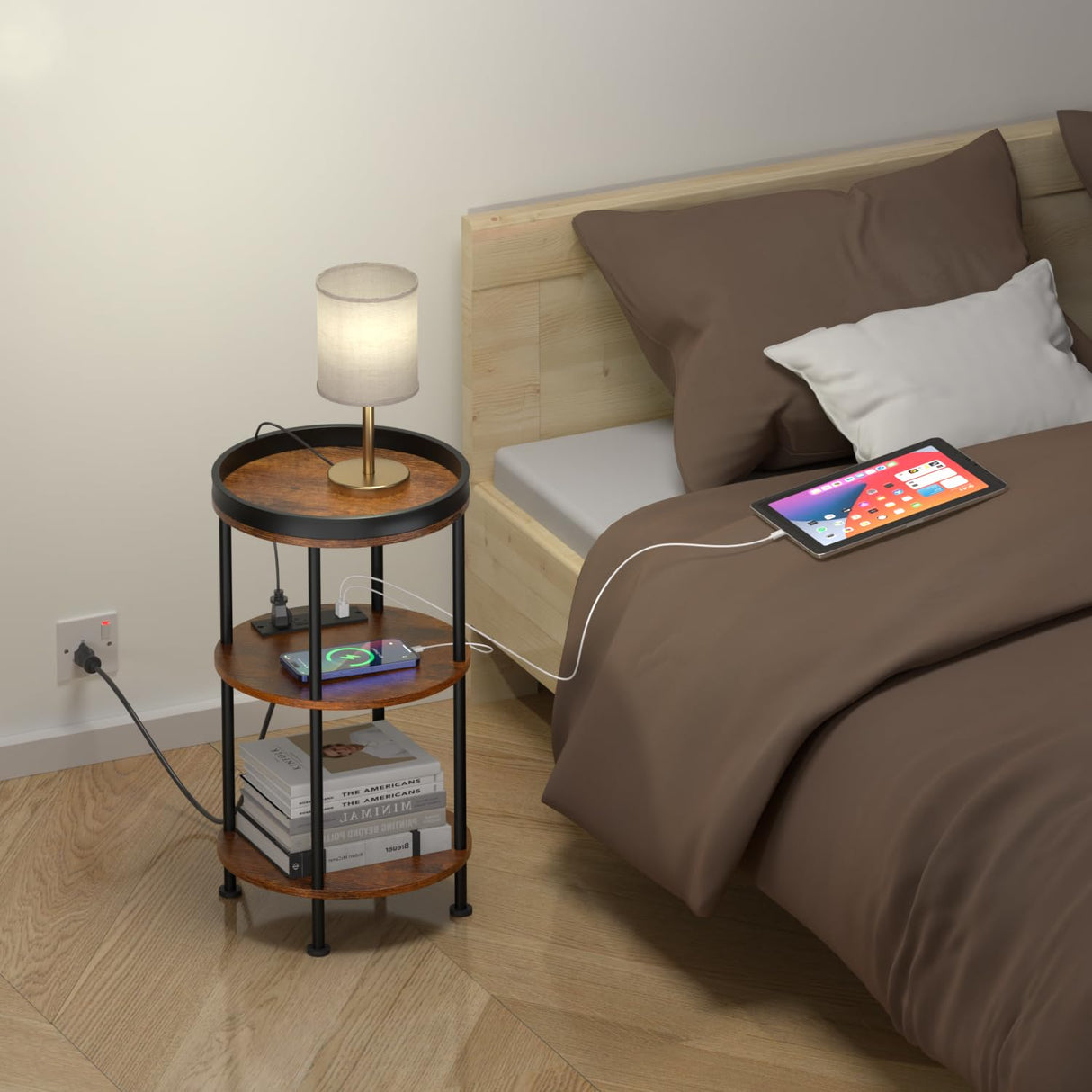 Small Round Side Table with Charging Station for Small Spaces, 3-Tier Round Accent Table with USB Ports & Power Outlets, Round Corner Table Tea Sofa Side Table for Living Room Bedroom (Rustic Brown) ZEXVIDA