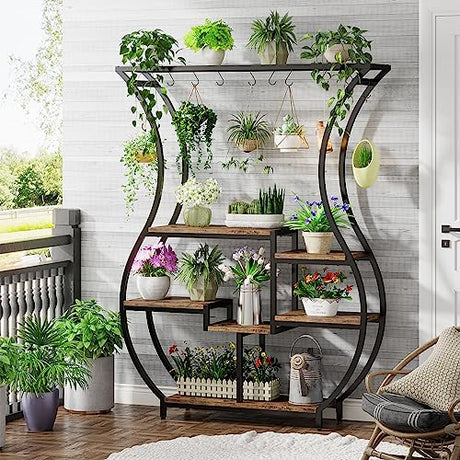Tribesigns 6-Tier Plant Stand, 70.9 Inch Tall Plant Shelf with 10 Hanging Hooks, Vase Shape Ladder Plant Stand, Multi-Purpose Plant Display Rack for Indoor, Balcony, Living Room, Brown and Black Tribesigns