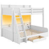 Twin Over Full Bunk Bed with Storage Shelves,LED, Charging Station and a Drawer,for Kids Teens Adults Bedroom Use (White#LED, Twin Over Full) KLMM