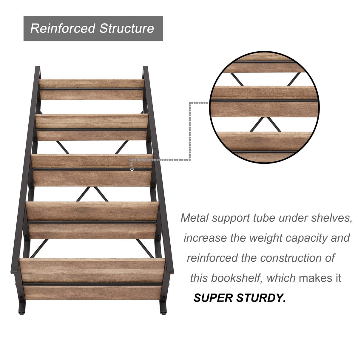 BON AUGURE Industrial 5 Tier Ladder Bookshelf, Wood and Metal Ladder Shelf Bookcase, Farmhouse Leaning Shelves for Living Room (Vintage Oak) BON AUGURE