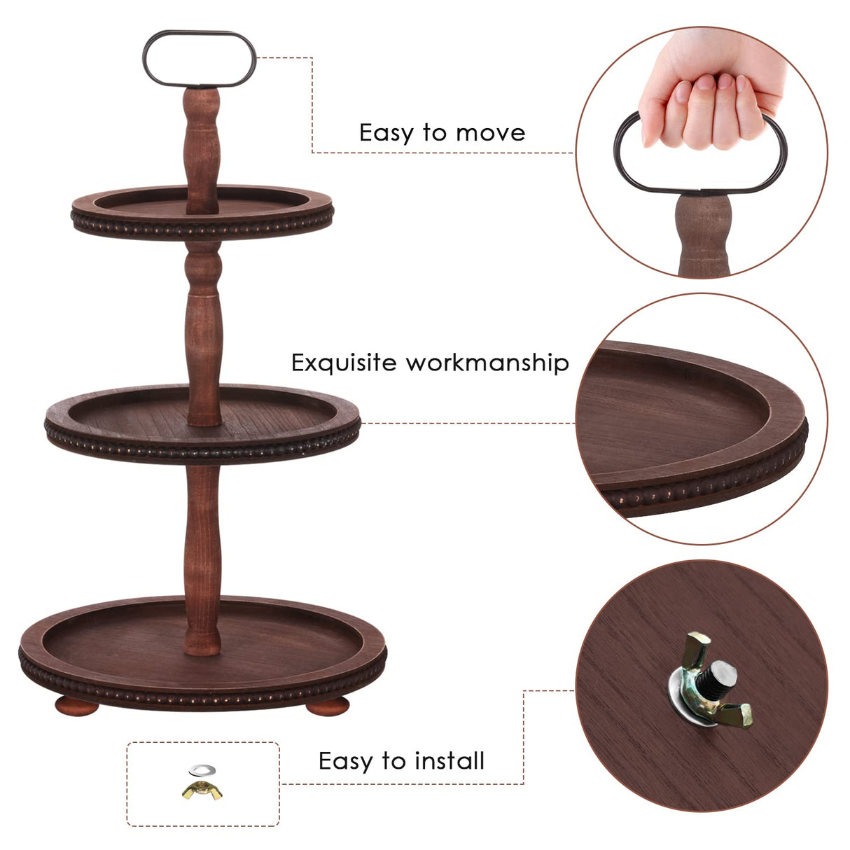 Urban Deco Wooden Tiered Tray 3-Tier Decorative Tray Stand Farmhouse Serving Tray, Round Wooden Cupcake Display Stand with Metal Handle, Brown Tiered Fruits Tray for Home Party Decorations Urban Deco
