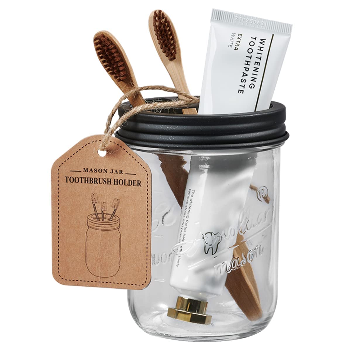 Amolliar Mason Jar Bathroom Accessories Set 4 Pcs -Lotion Soap Dispenser & 2 Cotton Swab Holders & Toothbrush Holder - Rustic Farmhouse Decor, Bathroom Home Decor, Perfect Decorating Idea (Black) Amolliar