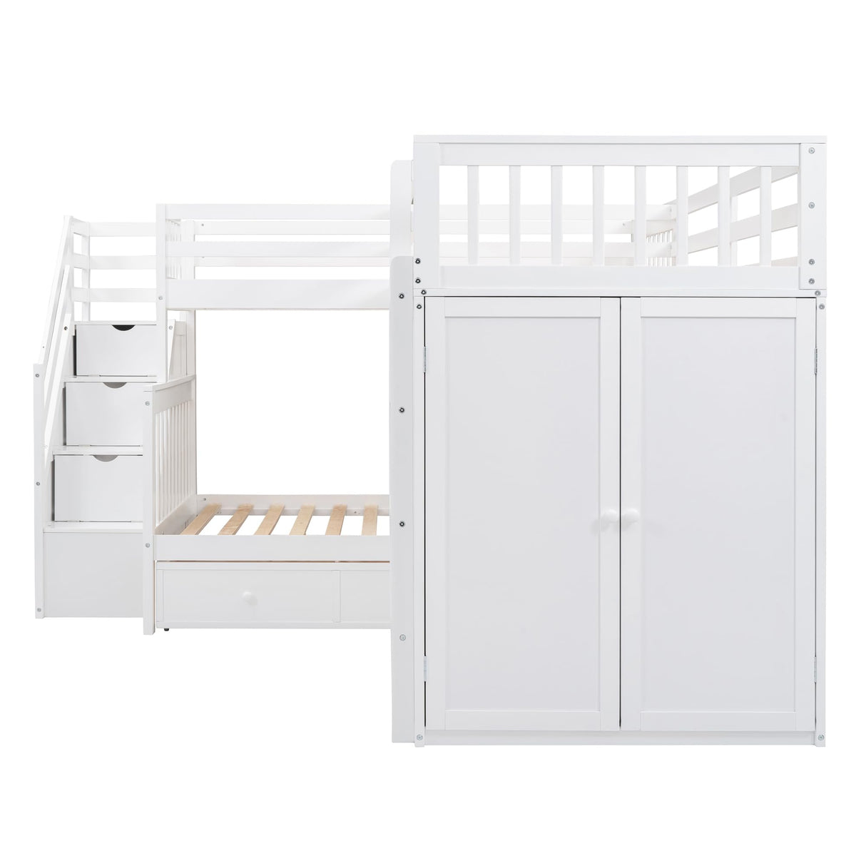 L Shaped Triple Bunk Bed with Storage Staircase, Wardrobe, Desk & Drawers, Wooden Bunk Bed for 3 Kids, Twin Over Full Bunk Beds, L-Shaped Loft Bed for Kids, Teens, Adults (White) Bellemave