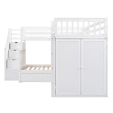 L Shaped Triple Bunk Bed with Storage Staircase, Wardrobe, Desk & Drawers, Wooden Bunk Bed for 3 Kids, Twin Over Full Bunk Beds, L-Shaped Loft Bed for Kids, Teens, Adults (White) Bellemave