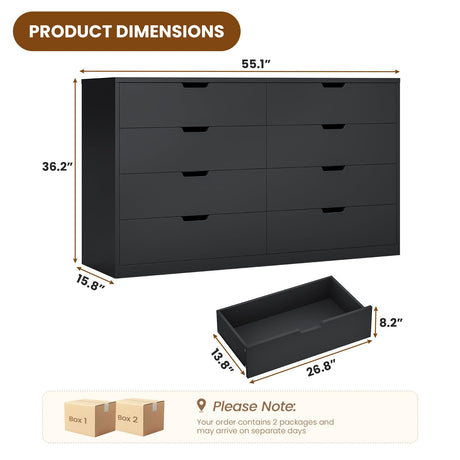 BTHFST 8 Drawers Black Dresser for Bedroom, Modern Wood Chest of Drawers 8 Drawer Dresser with Large Capacity for Living Room, Closet, Hallway, Entryway BTHFST