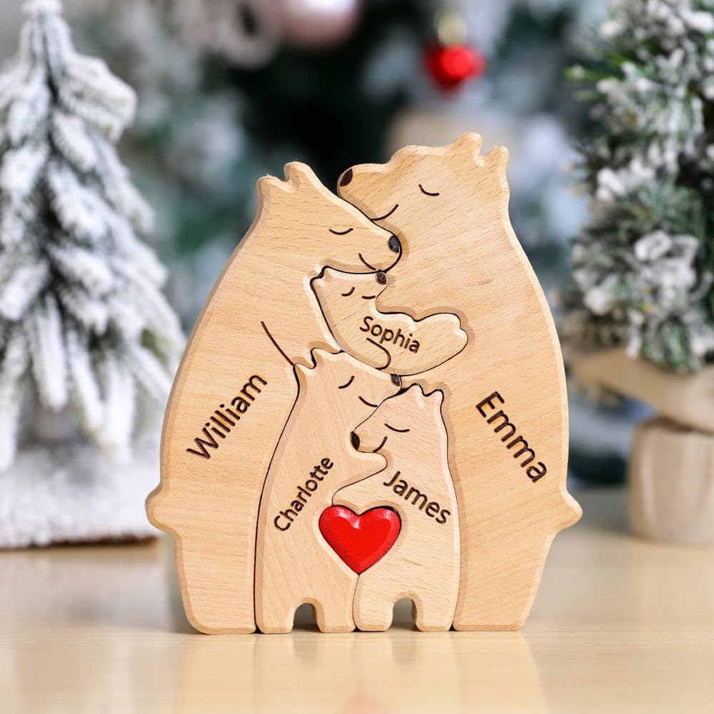 Personalized Wooden Bear Puzzle with 1-8 Family Name, Custom Family Name Sculpture - Ideal for Christmas, Birthdays, Housewarming - Unique Wooden Decor Gift for Mom and Dad - WoodArtSupply