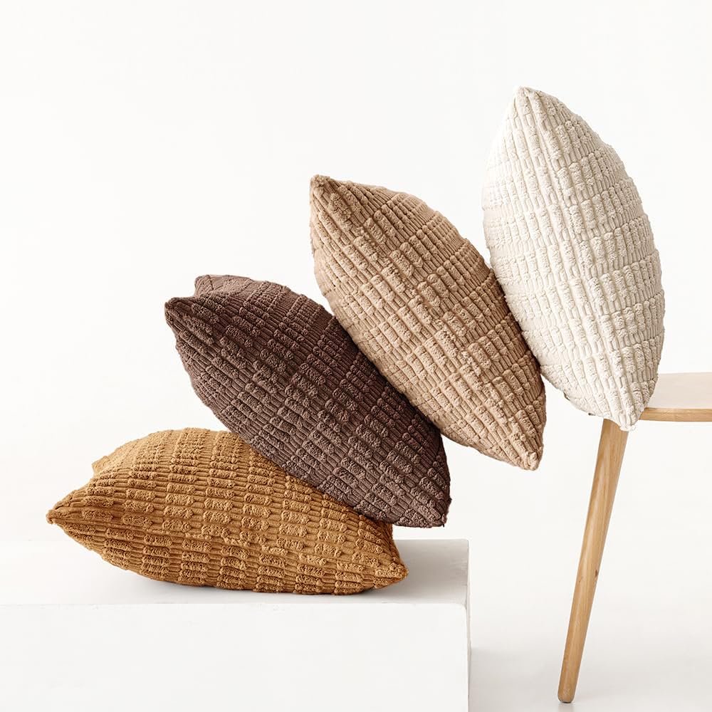 MIULEE Pack of 4 Neutral Corduroy Decorative Throw Pillow Covers 18x18 Inch for Sofa Living Room Couch Bed Rustic Farmhouse Boho Soft Striped Pillow Covers Home Decor Brown MIULEE