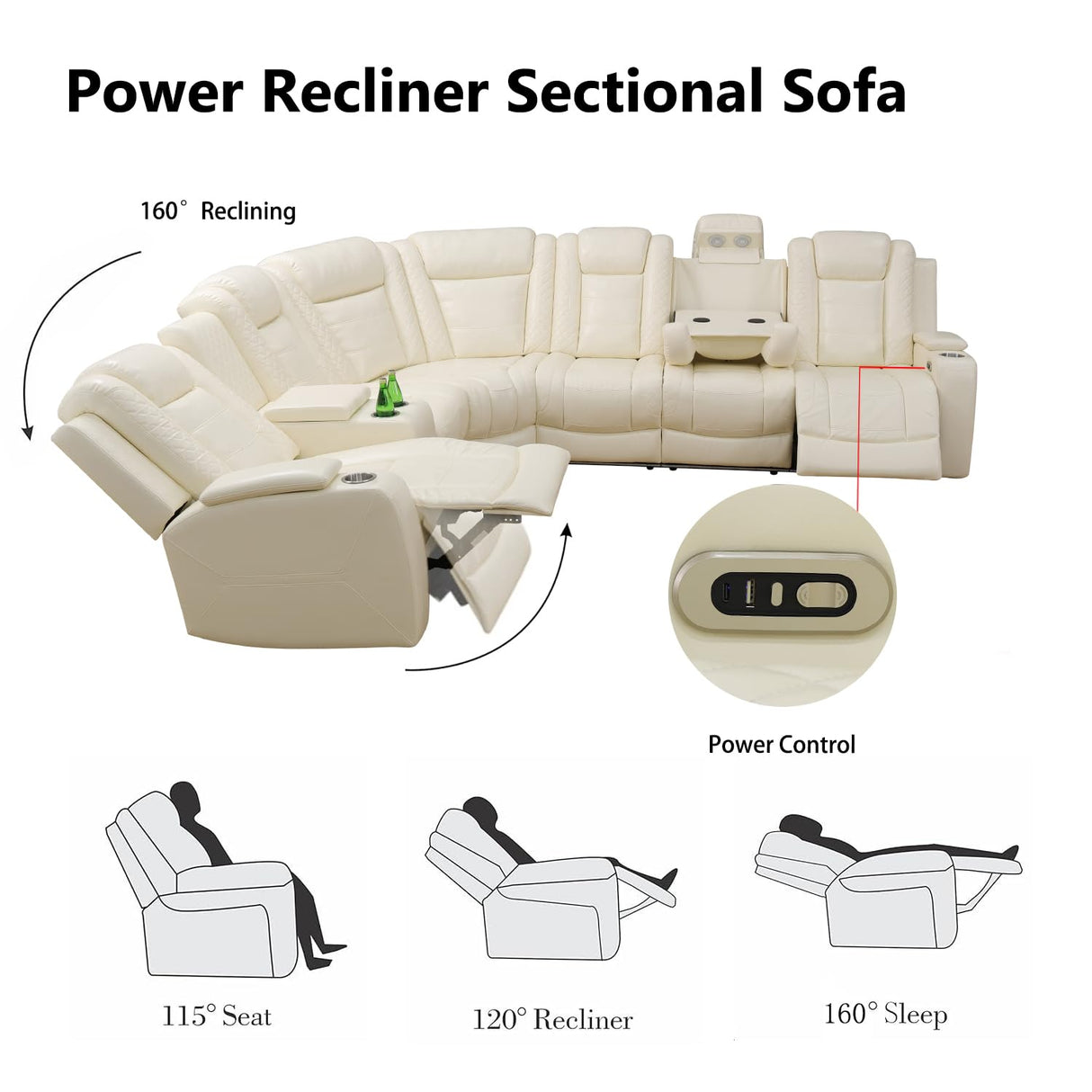 Leather Reclining Sofa with LED,Power Recliner Sectional Couch for Living Room,Reclining Couches with Read Light/Charging/Hide-Away Storage (Cream-White, Sectional) Pon Living Furniture Inc