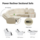 Leather Reclining Sofa with LED,Power Recliner Sectional Couch for Living Room,Reclining Couches with Read Light/Charging/Hide-Away Storage (Cream-White, Sectional) Pon Living Furniture Inc