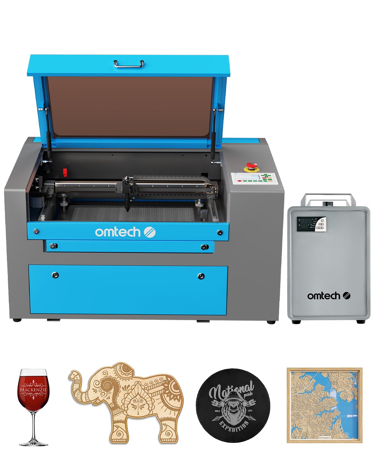 OMTech 80W CO2 Laser Engraver with LightBurn and Water Chiller, 20"x28" Laser Engraving Cutting Machine with Autolift 4 Way Pass Air Assist, Commercial Laser Cutter - WoodArtSupply