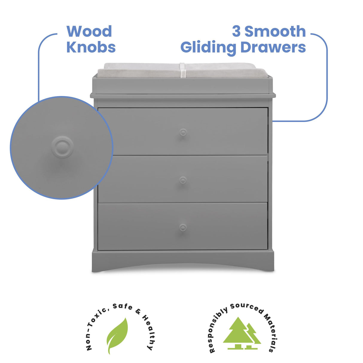Delta Children Sutton 3 Drawer Dresser with Changing Top and Interlocking Drawers - Greenguard Gold Certified, Grey Delta Children