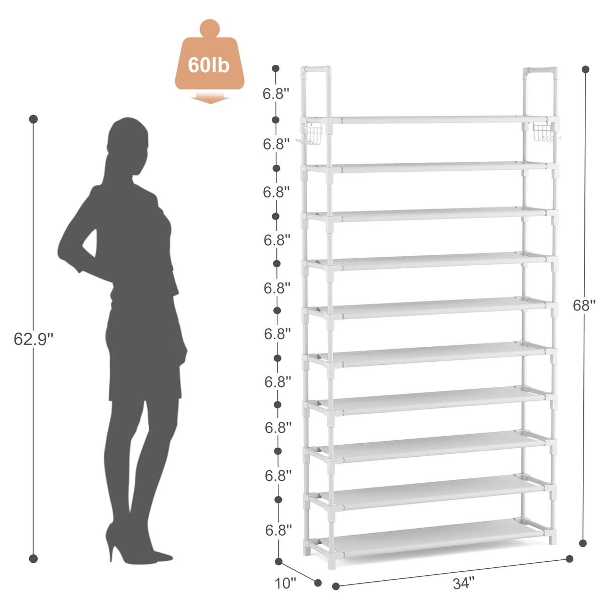 VTRIN 10 Tiers Shoe Rack Tall Large Capacity 50 Pairs Wide Shoe Organizer Sturdy Shoe Shelf for Entryway with Two Hooks Metal Shoe Storage for Closet, Bedroom, White, XJ-113 VTRIN