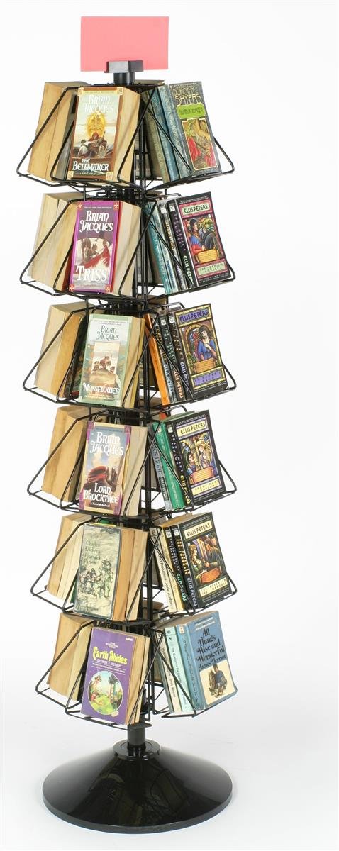 Wire Display Rack for Small Books or DVDs, 24-Pocket Floor-Standing Fixture, 360 Degree Rotating Stand - Black Welded Wire with Plastic Base and Sign Holder Displays2go