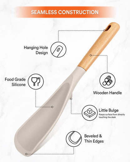 Cooking Spoon and Rice Scooper for Nonstick Cookwares, Great for Cooking and Serving Durable BPA-Free Matte Silicone, Wood Handle Spoon for Mixing, Scoop, and Scrape (KHAKI)