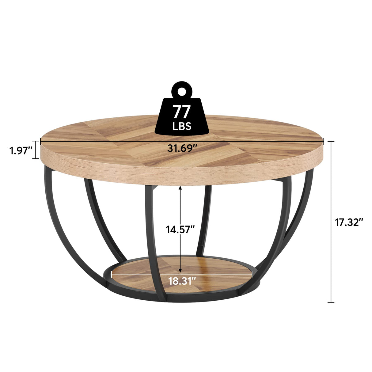 Tribesigns Round Coffee Table, Modern 2-Tier Center Table with Storage Open Shelves, Wooden Circle Coffee Table Sofa Side Table with Metal Legs for Living Room, Wooden Grain and Black Tribesigns